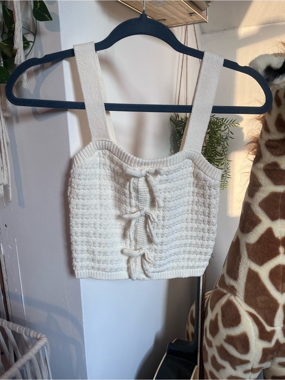 Cream Knit Tie-Front Cropped Tank Top - Women